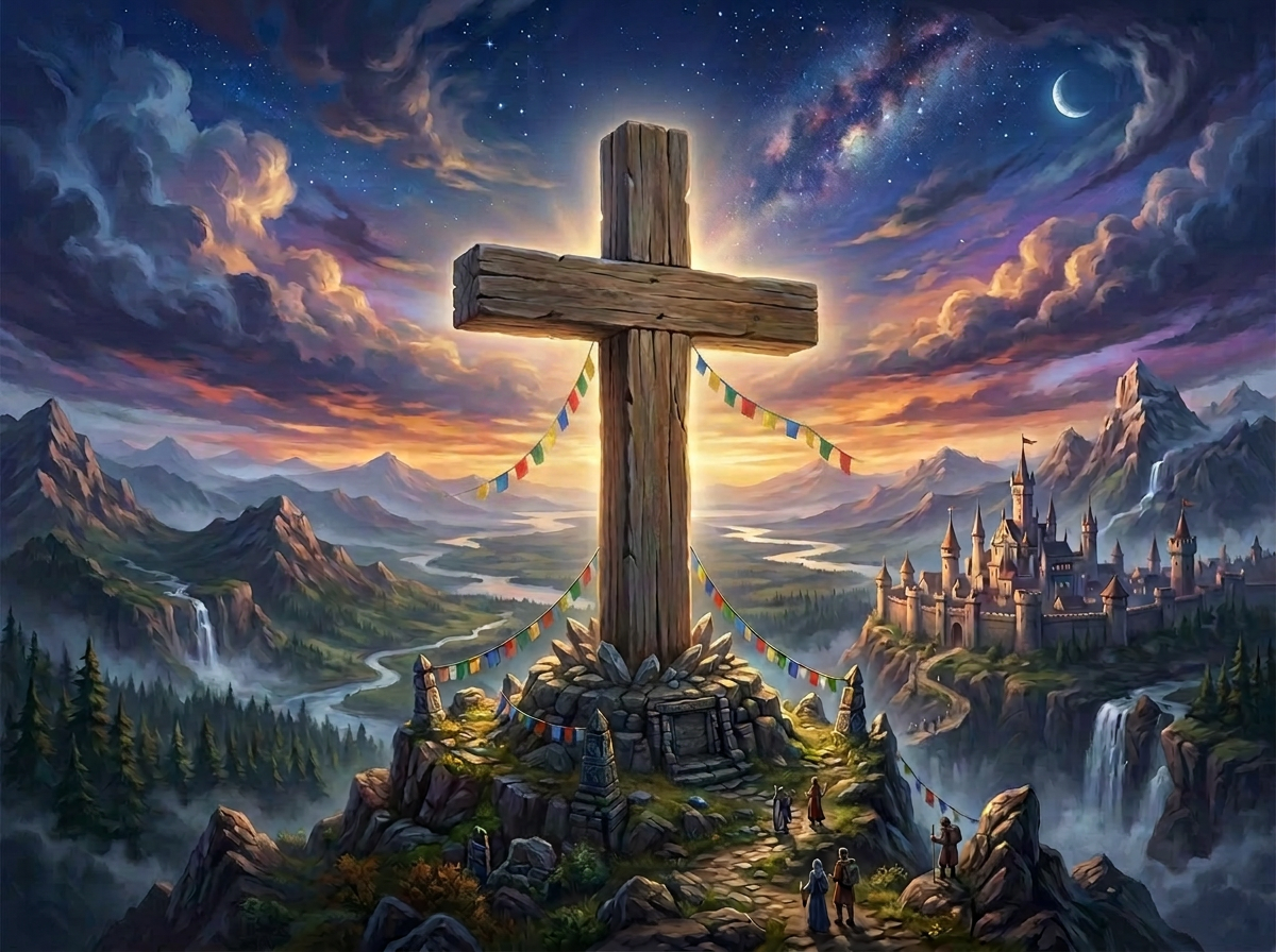Glowing stone cross monument with religious symbols on mountain overlooking castle and valley at sunset